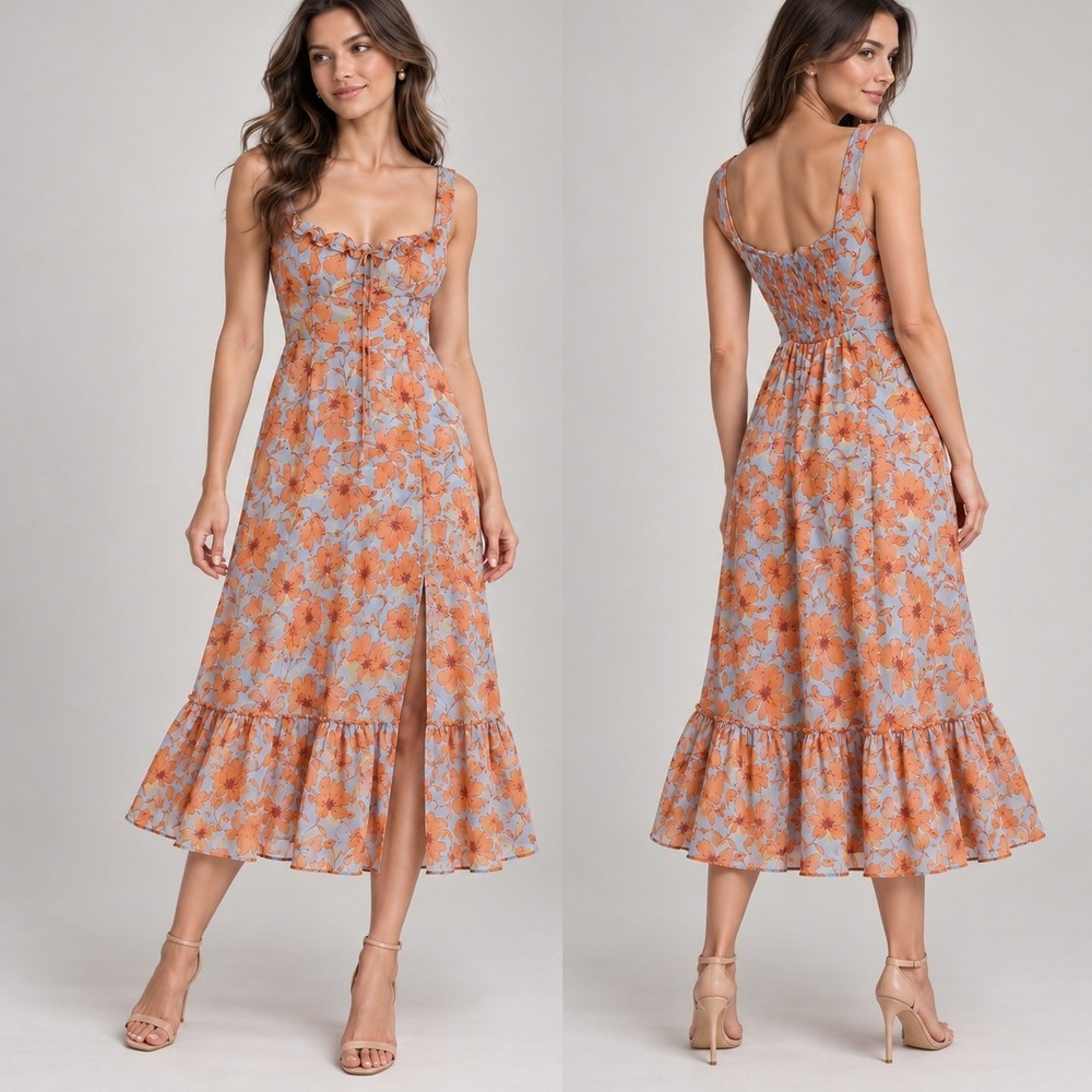 ASTR the Label Mahalia Blue Orange Floral Smocked Square Neck Split Midi Dress M